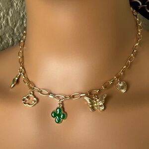 Gold and Green Charm Necklace